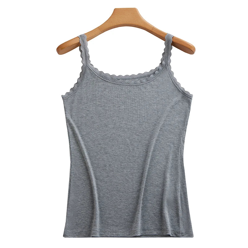 Summer Knitted Ribbed Camisole for Women with Lace Trim, Slim Fit, Suitable for Outerwear or as a Base Layer