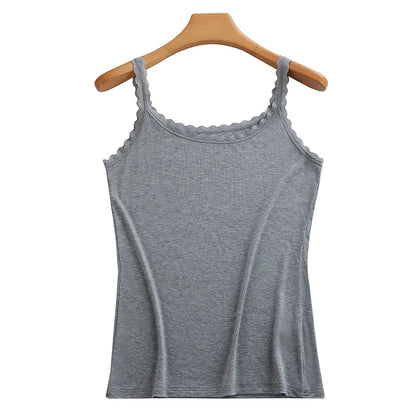 Summer Knitted Ribbed Camisole for Women with Lace Trim, Slim Fit, Suitable for Outerwear or as a Base Layer