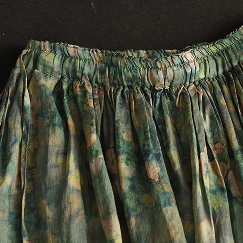 Vintage Printed Long Skirt Cotton Linen Floral Elasticated Waist Tie Skirts Summer Flowing Literary Artistic Forest Women' Skirt