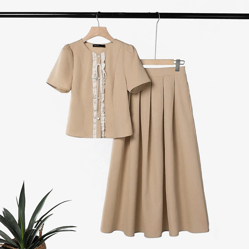ZANZEA 2PCS Summer Outfits Elegant Women 2 Pieces Sets Short Sleeve Ruffled Shirt Dress Sets A Line OL Work Pleated Skirt Suit
