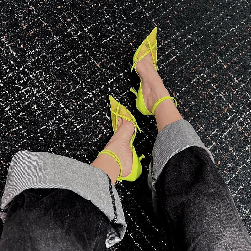 Fluorescent High Heels 2024 Summer European and American New Mesh Pointed Sexy Thin Heels with Hollow Single Shoes for Women