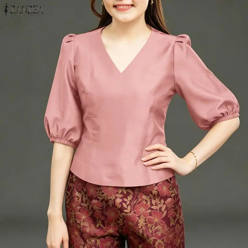 ZANZEA Women's Elegant Satin Short Blouses Summer 3/4 Lantern Sleeves V-Neck Tops Sophisticated Solid Color Blusas de Mujer