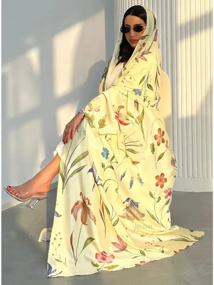 Eid Scarf Abaya Women 2 Piece Set Elegant Muslim Jalabiya Long Cardigan Dress Dubai Style Morocco Caftan for Ramadan Party Arab
