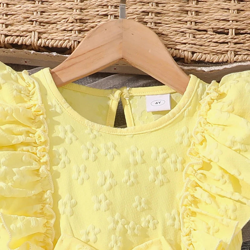 Dress For Girls Yellow O-Neck Fly-Sleeve Tulle Bowknot 8-12 Years Summer Elegant Sweet Style Princess Dress Kids Clothing