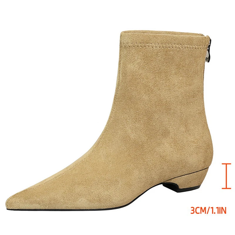 BIGTREE Shoes Low Heeled Women's Boots Back Zipper Women's Ankle Boots New Fashion Boots Suede Short Boots Pointed Ladies Shoes