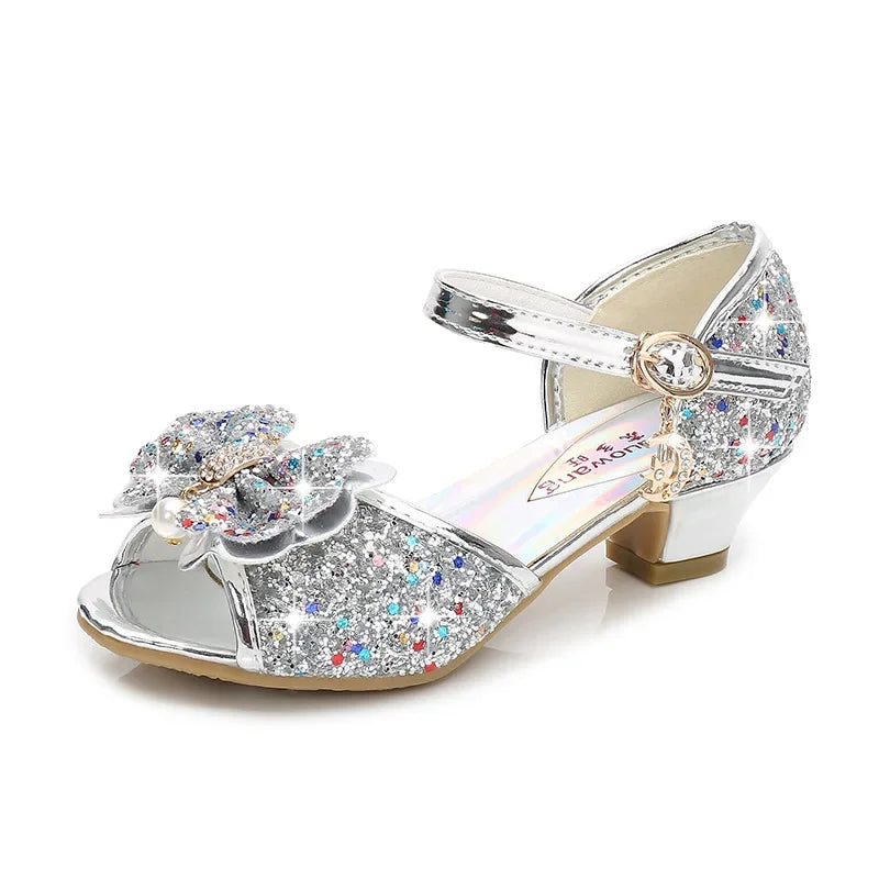 Children Princess Sandals Kids Girls Wedding Shoes High Heels Dress Shoes Bowtie Purple Pink Blue Silver Shoes For Girls