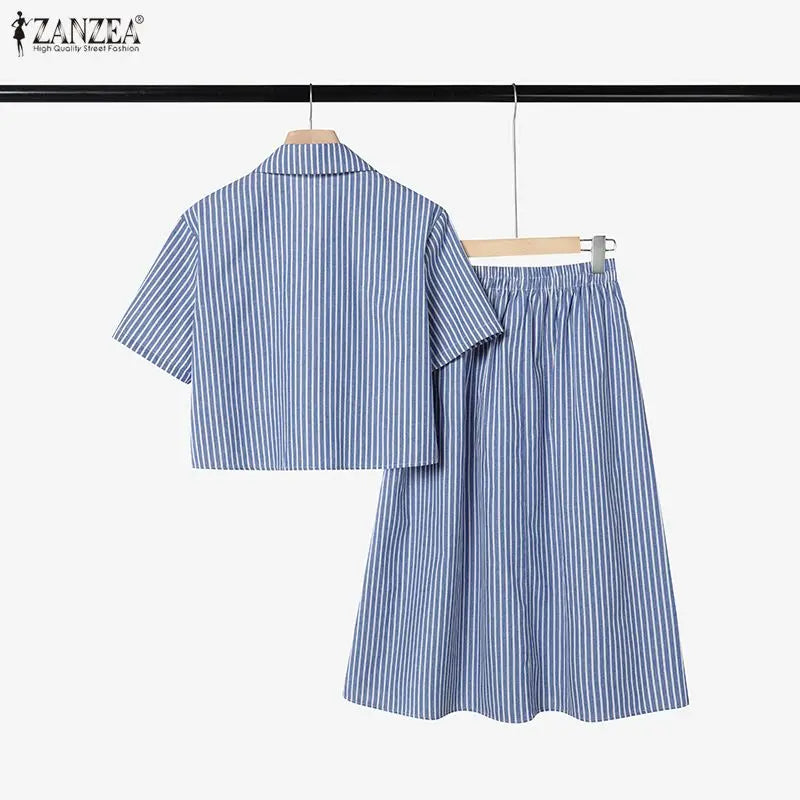 ZANZEA Women's Lace Trim Striped Skirt Suits Short Sleeve Crop Shirt & A-Line Midi Skirt 2 Pieces Sets Fashion Skirt Sets Outfit