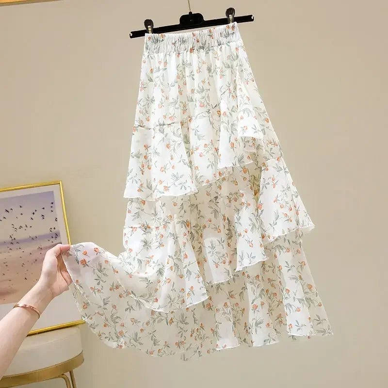 Hot Sale Floral Skirt Women New Summer 2025 Sweet Ruffled A-line Chiffon Long Skirt Woman Korean Clothing