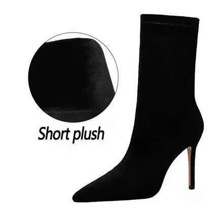 BIGTREE Shoes Women Sexy Mid-Calf Boots Stretch Socks Boots Suede Tip High Heels Autumn Winter Boots Black Women Boots Size 43