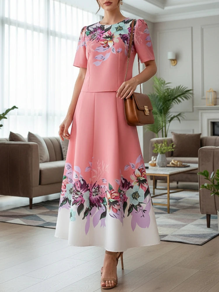 ZANZEA Women's Floral Printed Dress Sets Fashion Short Sleeve Short Blouse and A-Line Long Skirts 2 Pieces Suits Woman Outfits