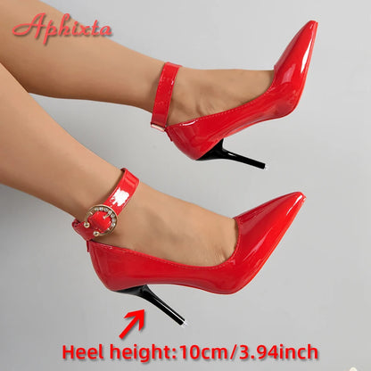 Aphixta Metal Belt Buckle Strap Pimp Red Black 10cm Stiletto Heels Pumps Women Party Shoes Rivets Pointed Toe Size 51 52 53