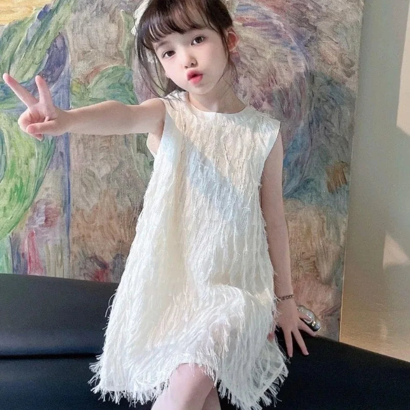 Trendy and Chic Fairy Princess Vest Dress for Baby with Stylish Tassel Bow Girl Girls Dresses 2 To 8 Years Cotton Kids White 6