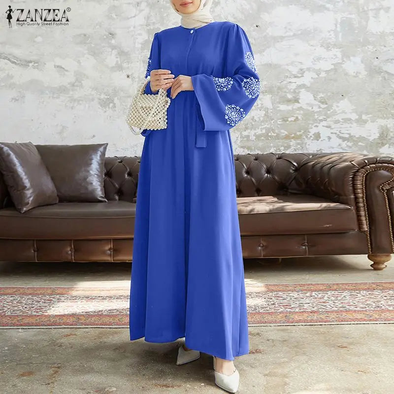 ZANZEA Fashion Women Long Sleeve Muslim Abaya Dresses Floral Printed Dress IsIamic Robe Casual Kaftan Belted Vestidos Ramadan