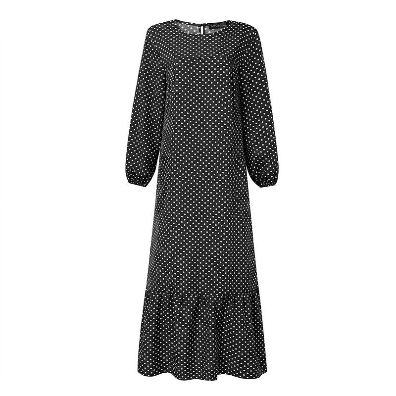 ZANZEA Casual Polka Dots Printed Women Muslim Abaya Dress O Neck Long Sleeve Sundress Dubai Robe Kaftan Bohemian Maxi Dresses
