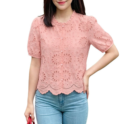 ZANZEA Woman Summer Embroidered Eyelet Cropped Shirts Elegant Ruffled Trim O-Neck Puff Short Sleeve Button Up Blouses Casual Top