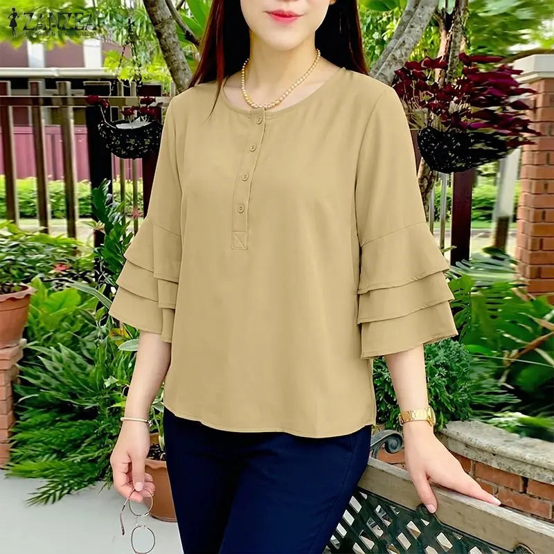 ZANZEA Women Blouse 3/4 Sleeve Tunic Top Ruffles Sleeve Elegant Office Casual O-Neck Button Solid Summer Blusas Oversize