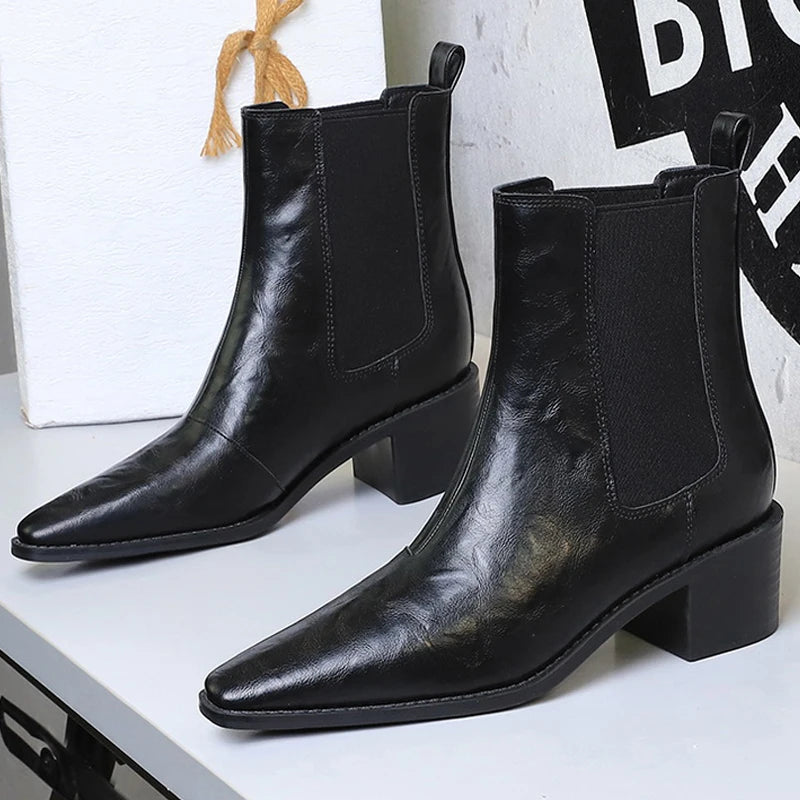 2026 New Women Chunky Heel Chelsea Boots Leather Shoes Pointed Women's Ankle Boots Fashion Women Short Boots Autumn Winter Boots