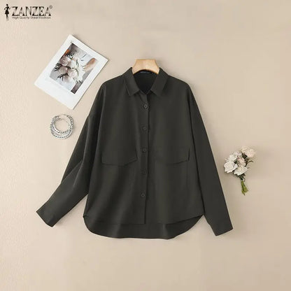 ZANZEA Oversiezd High-Low Shirts Woman Turn-Down Collar Long Sleeve Button Up Loose Chemises Femme Streetwear Tops Spring Summer