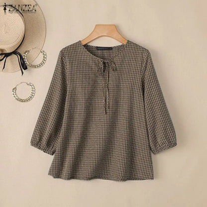 ZANZEA Woman Vintage Gingham Blouses Keyhole Tie-Neck 3/4 Lantern Sleeves Check Loose Tops Autumn Casual OL Work Blusas Mujer
