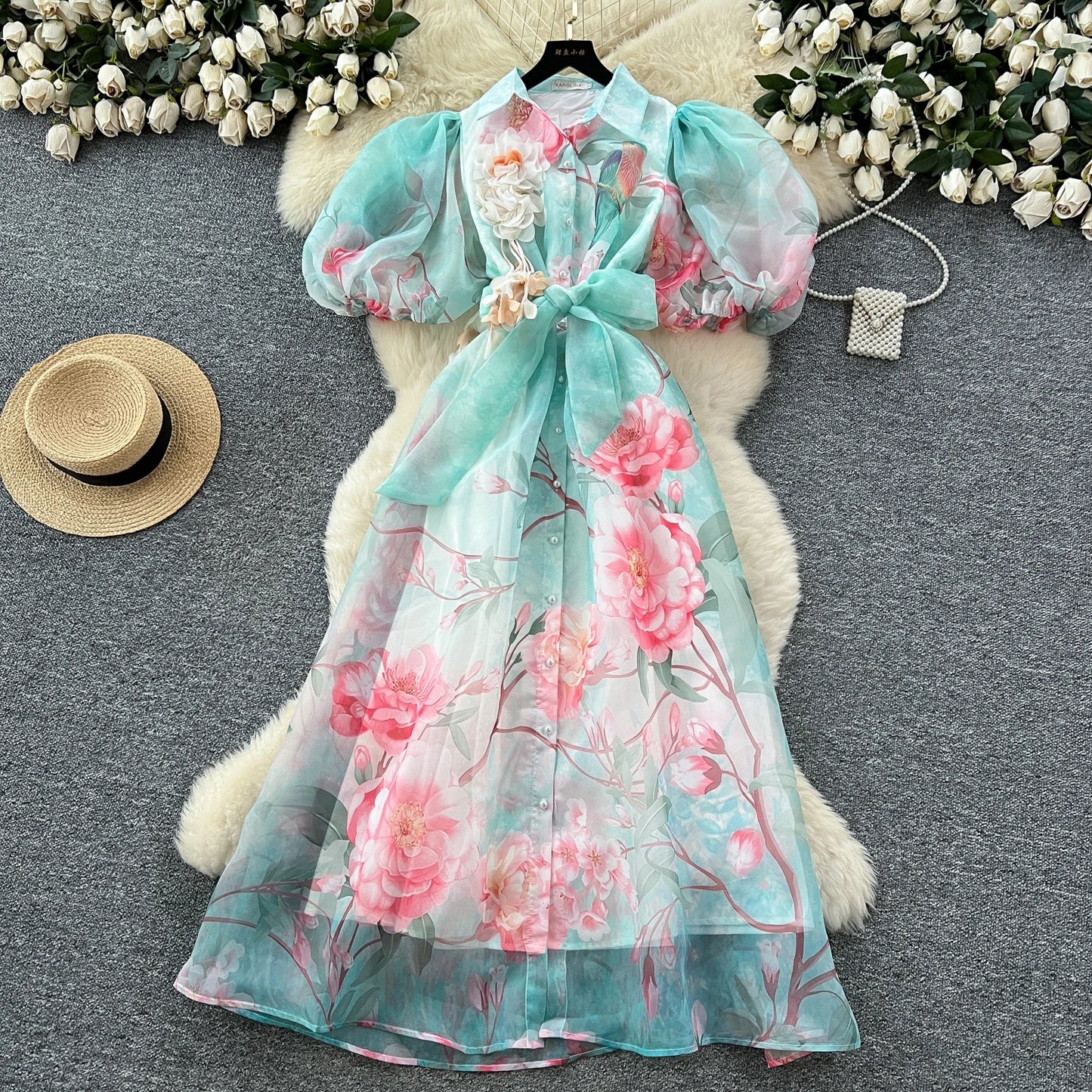 Chic vintage Sexy print mesh Spliced Fairy Summer  Women Boho Sundress women clothing Long dress