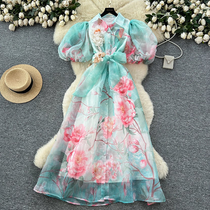 Chic vintage Sexy print mesh Spliced Fairy Summer  Women Boho Sundress women clothing Long dress