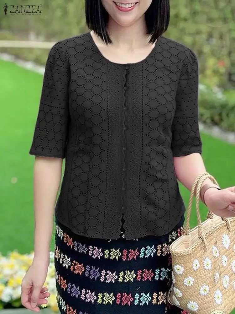 ZANZEA Elegant Openwork Embroidered Shirts Women Fashion O-Neck Half Sleeve Wavecut Placket Solid Color Blouses Hollow Out Tops