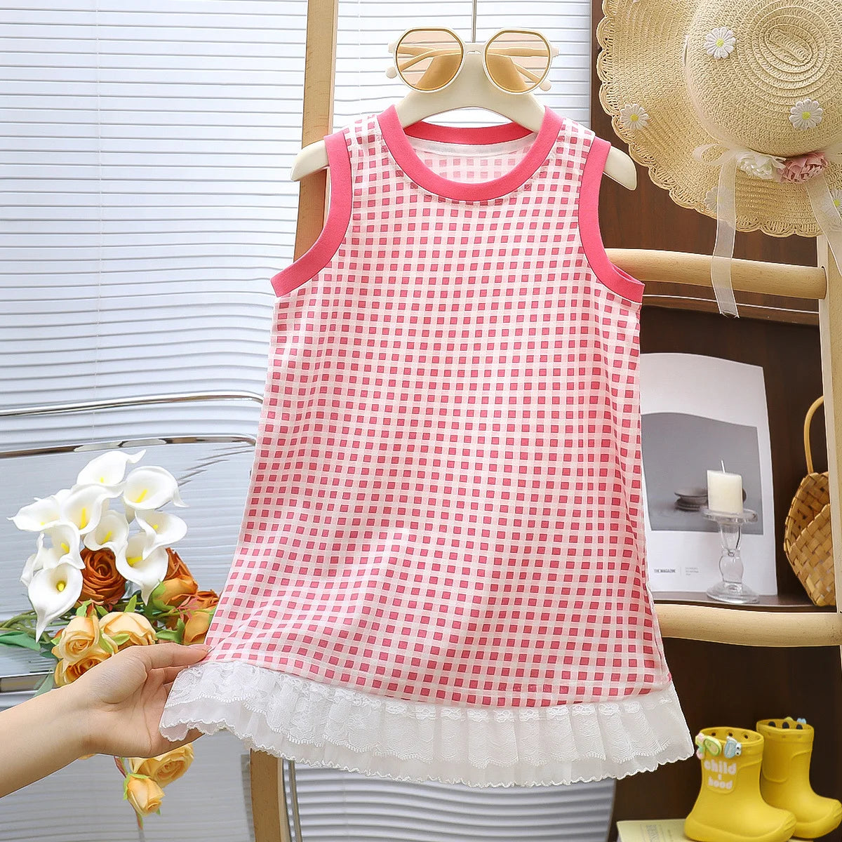 Summer Toddler Girl Dress Flowers Cotton Sleeveless Children Dress Lace Trim Kids Sundress Slip Dress Fashion Girls Clothing