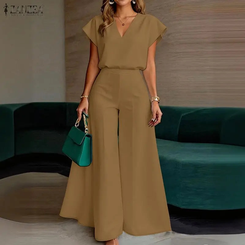 ZANZEA 2PCS Elegant V Neck Short Sleeve Blouse Pant Sets Summer Women Matching Sets Solid Color OL Outfit Wide Leg Trousers Suit