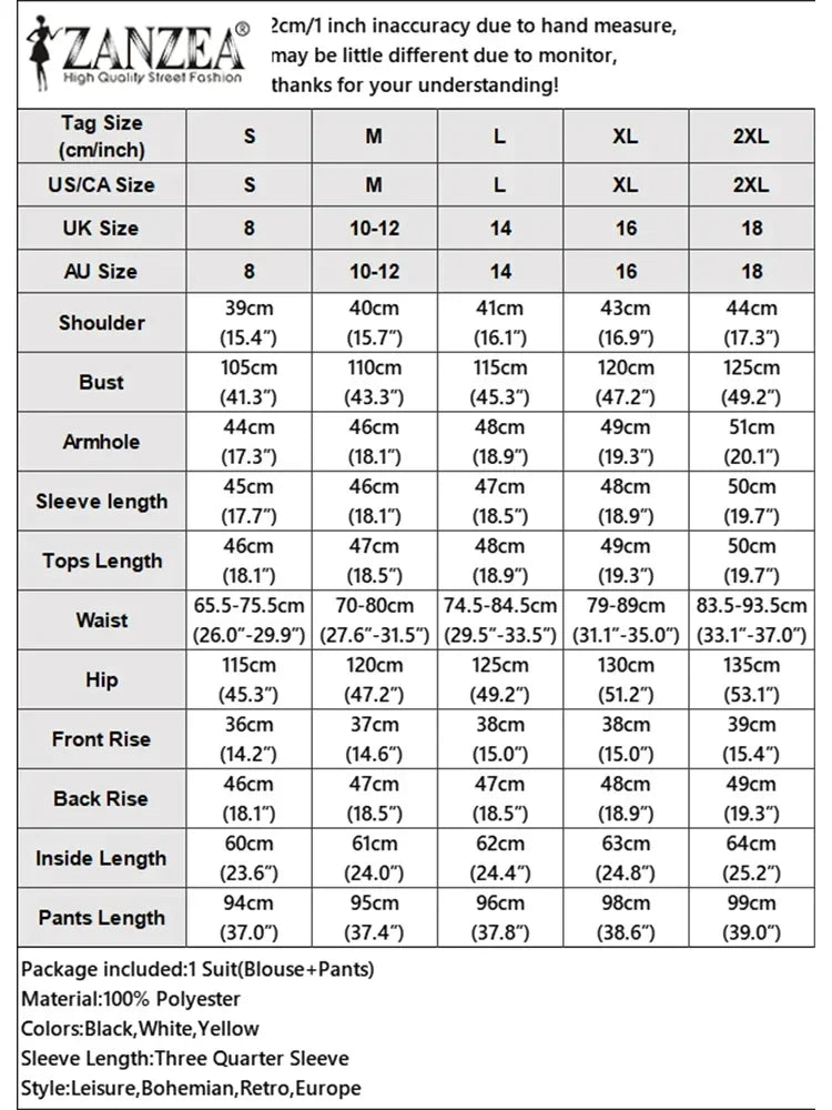 ZANZEA Fashion 2PCS Women Auutmn Pant Sets Two Piece Sets 3/4 Sleeve Printed Blouse Trousers Suit Elegant Work Tracksuits 2025
