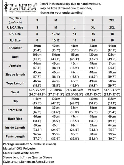 ZANZEA Fashion 2PCS Women Auutmn Pant Sets Two Piece Sets 3/4 Sleeve Printed Blouse Trousers Suit Elegant Work Tracksuits 2025