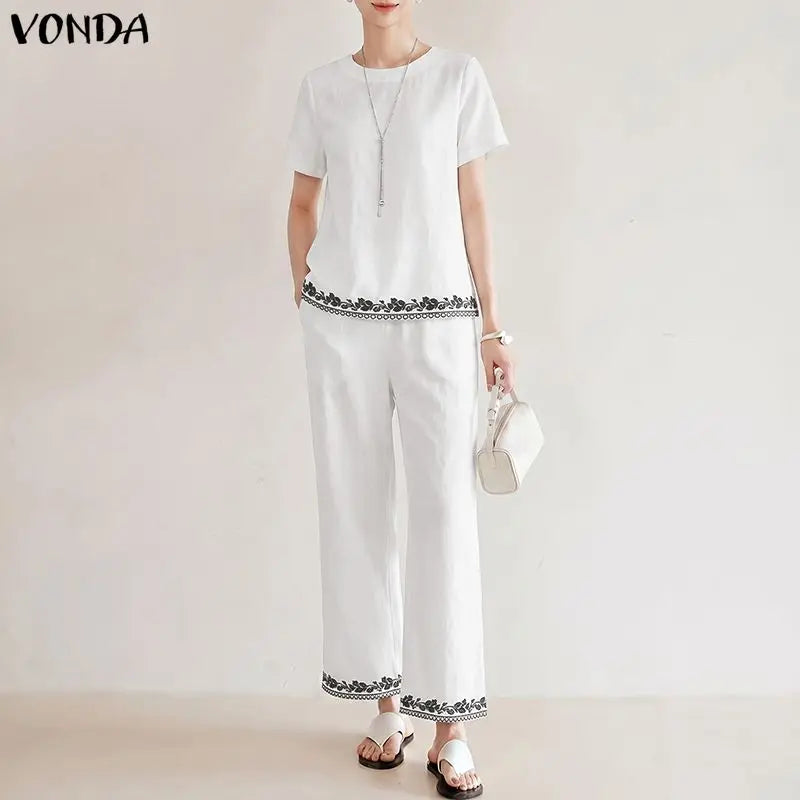 VONDA Summer Thin Women Pant Sets Print 2pcs Casual Short Sleeve Tops Wide Leg Pants Streetwear Two-piece Outfits Blusas Trouser