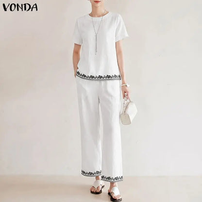 VONDA Summer Thin Women Pant Sets Print 2pcs Casual Short Sleeve Tops Wide Leg Pants Streetwear Two-piece Outfits Blusas Trouser