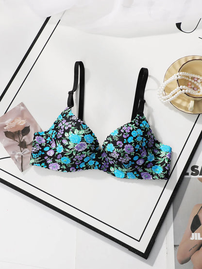 Women's Sexy One-piece Bra With Small Floral Patterns Without Steel Rings Gathered Push Ups Daily Comfortable Underwear A5033