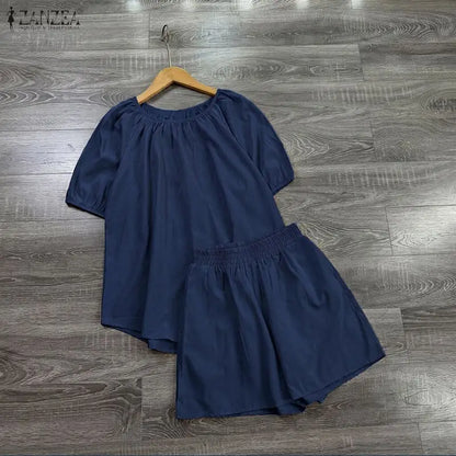 ZANZEA Women 2 Piece Matching Short Sets Loose Short Puff Sleeve Blouse & Elastic Waist Shorts Suits Summer Daily Sets Outfits