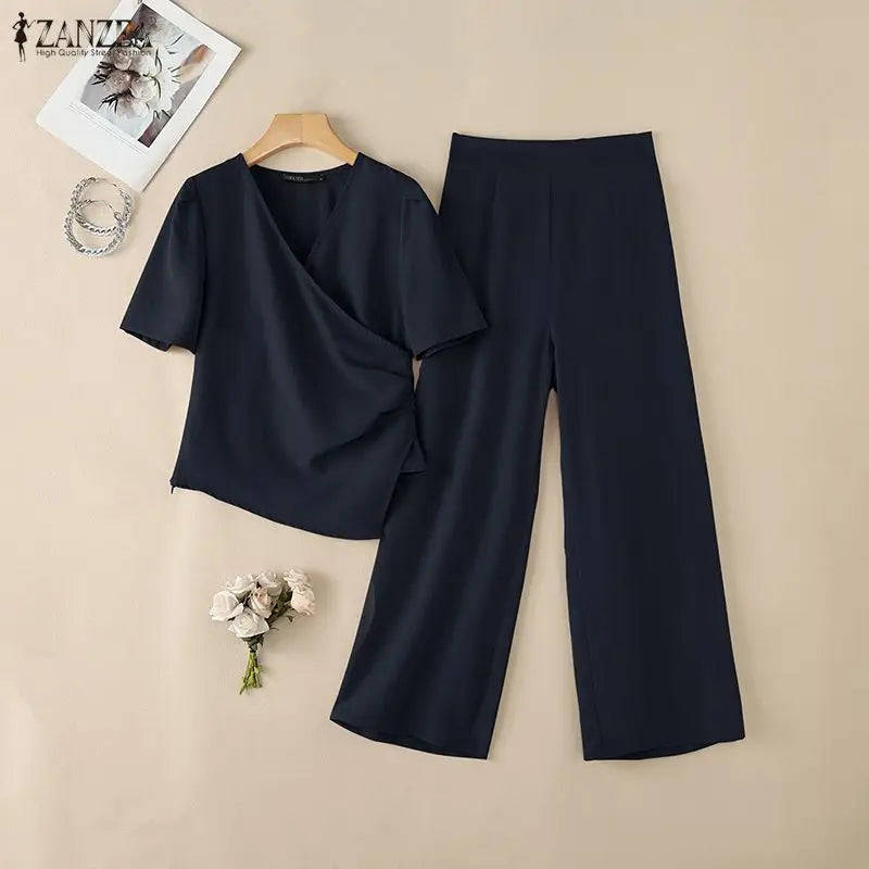 ZANZEA Women Elegant Chic 2pcs Pant Sets Short Sleeve Asymmetrical Blouses & Wide Leg Pants 2 Piece Suits OL Commute Outifts