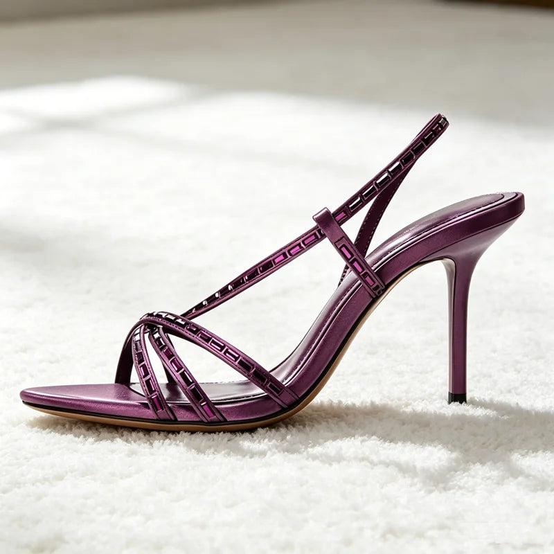 Rhinestone Detail Purple Heeled Sandals Women Cross-Strap High Heels for Ladies Summer Elegant Women's Shoes Sandalias De Mujer