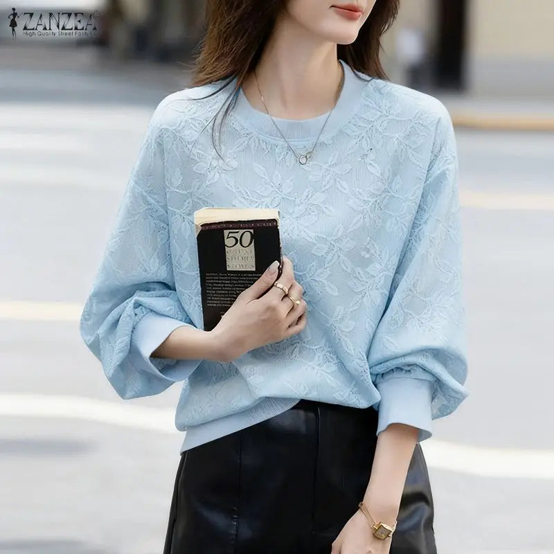 ZANZEA Women's Elegant Floral Jacquard Sheer Blouses O-Neck Long Sleeve Solid Color Pullover Tops Casual Loose Woman Clothes 3XL