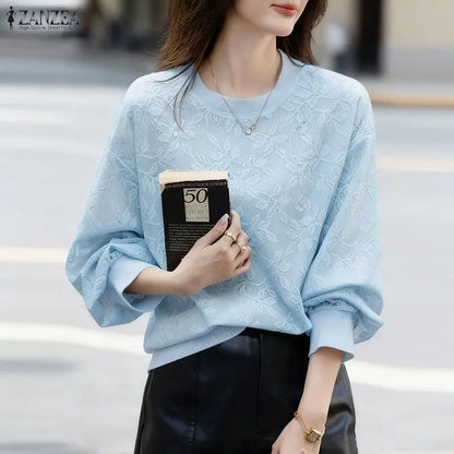 ZANZEA Women's Elegant Floral Jacquard Sheer Blouses O-Neck Long Sleeve Solid Color Pullover Tops Casual Loose Woman Clothes 3XL