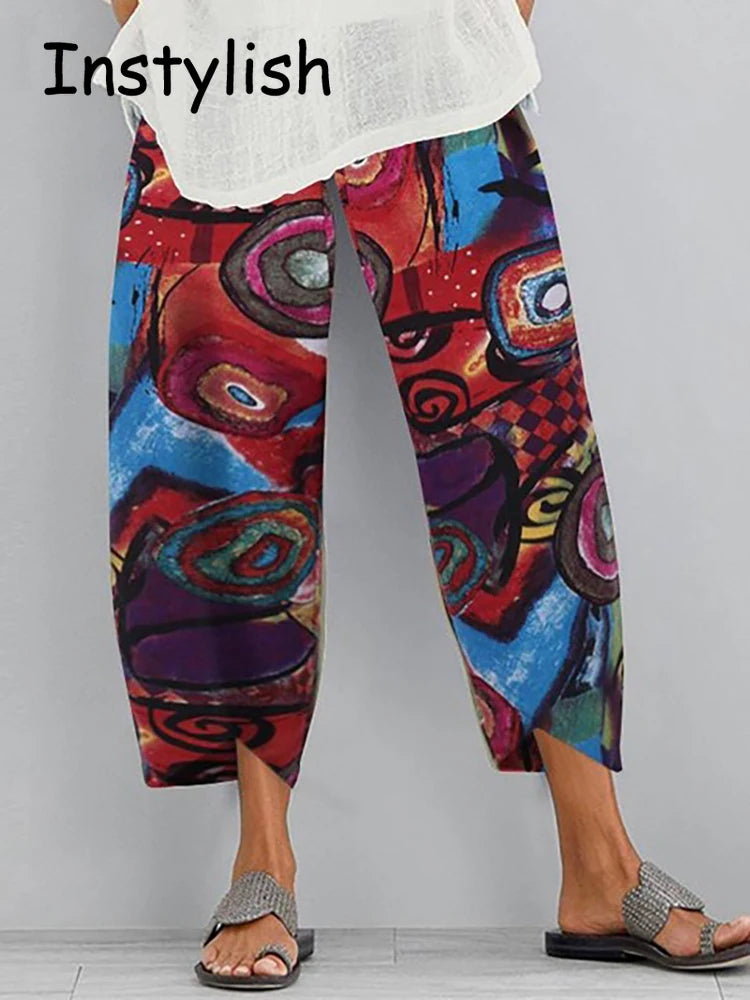 Vintage Cotton and Linen Loose Harem Pants Casual High Waist Wide Leg Trousers Women Harajuku Printed Baggy Pants Oversized