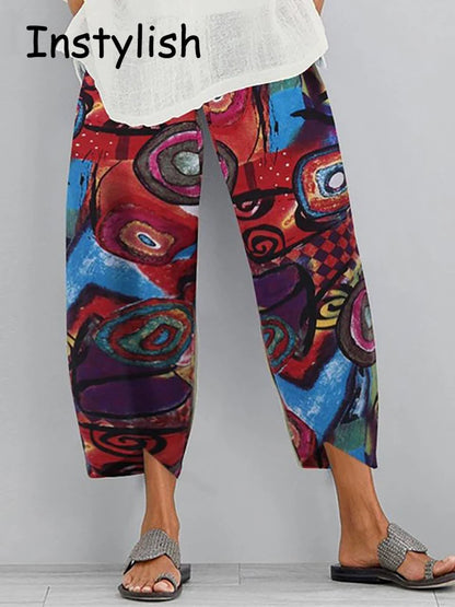 Vintage Cotton and Linen Loose Harem Pants Casual High Waist Wide Leg Trousers Women Harajuku Printed Baggy Pants Oversized