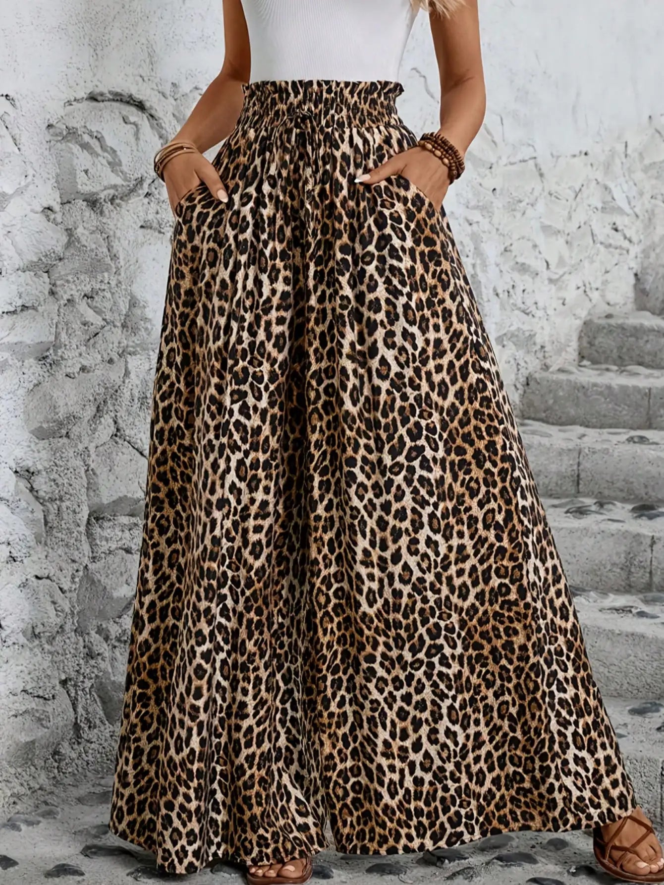 Casual fashion women's clothing for all seasons, leopard print, comfortable high waist, elastic waist, wide leg pants
