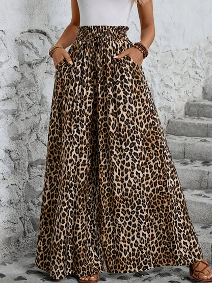 Casual fashion women's clothing for all seasons, leopard print, comfortable high waist, elastic waist, wide leg pants