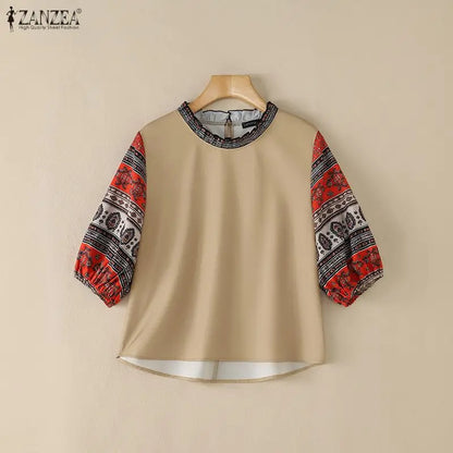 ZANZEA Woman Vintage Blouses Geometric Print Patchwork Lantern Sleeves Ruffled Collar Top Boemian Autumn Daily Wear Blusas Mujer