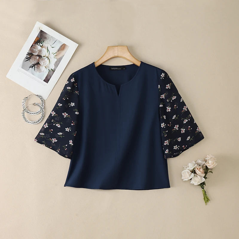 ZANZEA Women's Elegant Floral Chiffon Patchwork Blouses V-Neck 3/4 Sleeve Loose Tops 2026 Summer Daily Casual Blusas de Mujer
