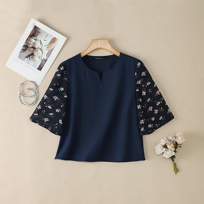 ZANZEA Women's Elegant Floral Chiffon Patchwork Blouses V-Neck 3/4 Sleeve Loose Tops 2026 Summer Daily Casual Blusas de Mujer