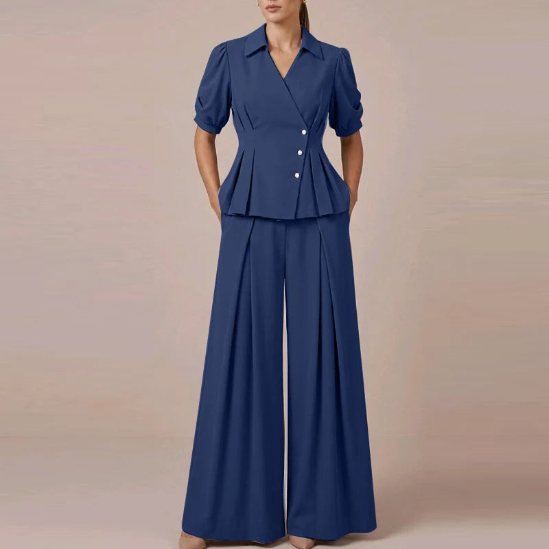 Women Elegant Office Pant Sets Puff Sleeve Peplum Tops Wide Leg Pants Pleated Cinched Waist Workwear V-Neck Solid Suit ZANZEA