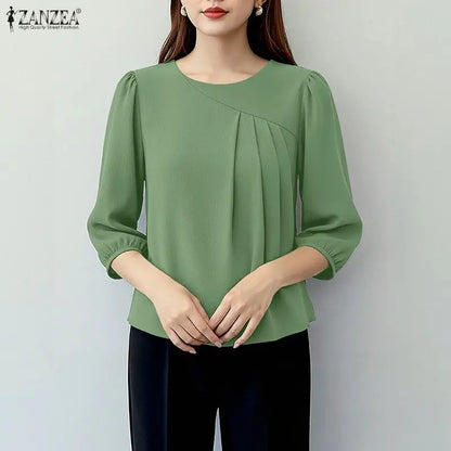 ZANZEA Women's Elegant Pleated Detail Blouses O-Neck 3/4 Puff Sleeve Crinkled Fabric Tops Solid Color Casual Blusas de Mujer 3XL
