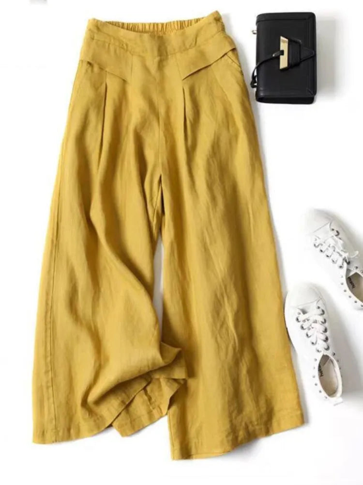 Y2K Lady Nine-point Pants Mid-rise Cotton Linen Wide-leg Large Size Trousers Loose Casual Commuting Daily Wear Tights Sweatpants