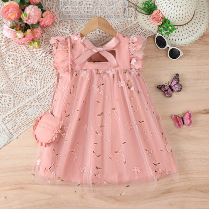 Baby girl flower embroidered mesh dress with bow tie and strap design, suitable for spring and summer when paired with a bag