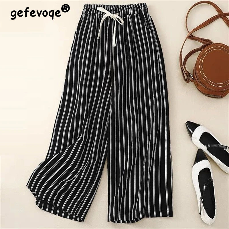 2024 Summer Women Vintage Striped Cotton Linen Beach Wide Leg Pants Female Casual High Waist Loose Straight Trousers Pantalones
